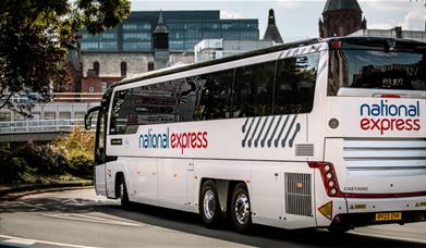 Bus parked and with a city backdrop