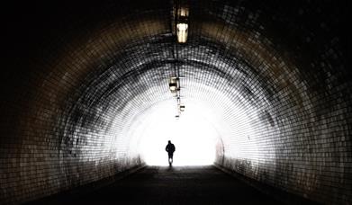 An unsettling large tunnel, with a shadowy man at the end of it. 