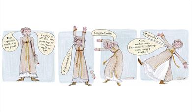 4 images of a stretching, mischievous Jane Austen figure