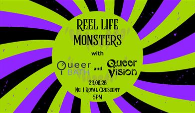 Green, black, and purple swirled background with a green circle at the middle. The text on the circle is black and reads 'Reel Life Monsters with Quee