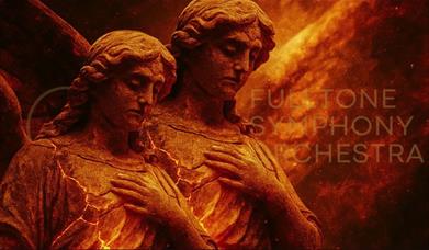 Photo promoting The Fulltone Orchestra: Verdi Requiem featuring dramatic artwork of two stone angel statues in glowing orange and red tones, with 'Ful