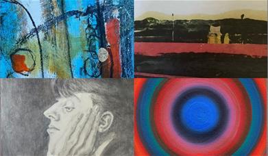 a row of four artworks showing instances of four art genres, still lif, landscape, abstract and portrait.