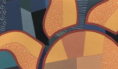 A golden mosaic sun against a moss green mosaic background. Sparkfest logo in top corner