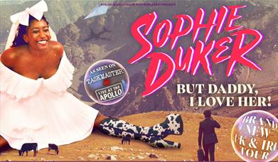 Sophie Duker tour promo image, featuring her in a a white dress