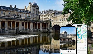 Pulteney Bridge and a phone with an app open