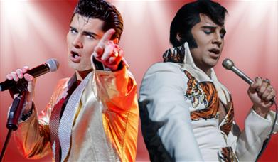 Cutout photos of two Elvis tribute artists against a red background