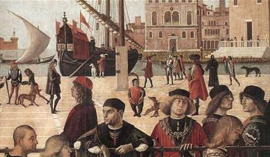 plaza with boat in background