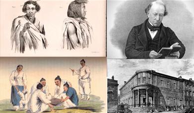 4 drawings of Prichard, building and people