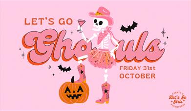 Ladies' Halloween Party banner with pink background and a skeleton in a skirt and cowboy hat
