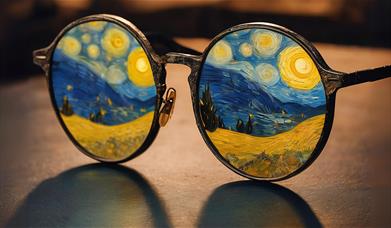 Pair of sunglasses reflecting a painting of a field