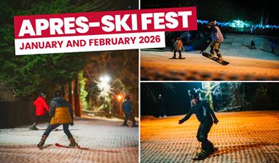 Three images showing snowboarders and skiers. Text reads: Apres-Ski Fest January and February 2026