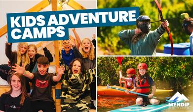 Collage of three images - largest image shows group of boys and girls smiling with hands up in the air, sat under a canva tent. Second image on top ri