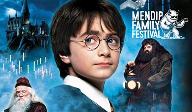 Harry Potter-themed poster with characters and "Mendip Family Festival" Yeti playing guitar logo and text.