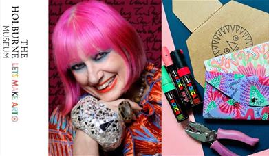 Zandra Rhodes, Lets Make Art and Holburne logos and bespoke pencil case with inspired patterns 