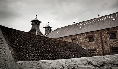 A greyscale image of the roof of the old Bushmills distillery building.