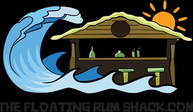 A cartoon image of a beach hut filled with bottles depicted as rum. There is a large surf wave to the left the height of the shack.
