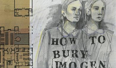 A sketch of two women, with various floor plans to buildings.  