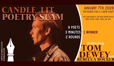 Image alt text: an orange, brown and yellow poster featuring a man with short blonde hair pushed back facing left in front of a microphone with text t