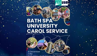 Poster for Bath Spa University Carol Service, showing students enjoying activities at university