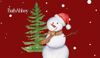 An illustration of a snowman on a red background with snow falling