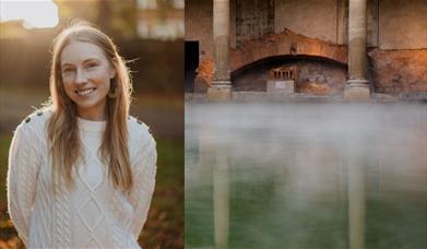 Photograph of a young woman, with the Roman Baths as a background