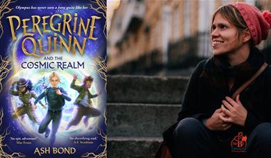 Ash Bond next to her middle grade novel, Peregrine Quinn and the Cosmic Realm.