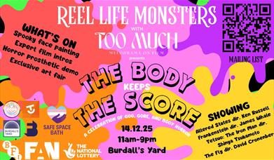 A brightly coloured background with paint splatters with lots of text that details the films being shown at the event (The Fly, Tetsuo: The Iron Man,