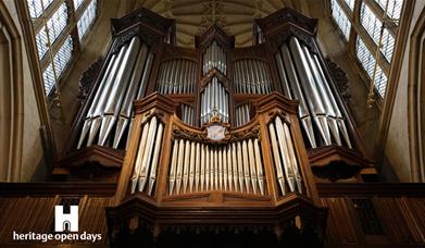 Bath Abbey's Klais Organ with white Heritage Open Days logo in bottom left corner