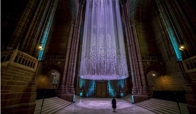 Peace Doves by Peter Walker Sculptor at Liverpool Cathedral, 10,000 paper doves hung from the crossing ceiling