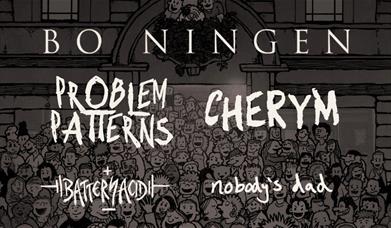 A poster advertising a Free Community Music Festival at Komedia Bath, with logos for Bo Ningen, Problem Patterns, Cherym, Battery Acid and Nobody's Da