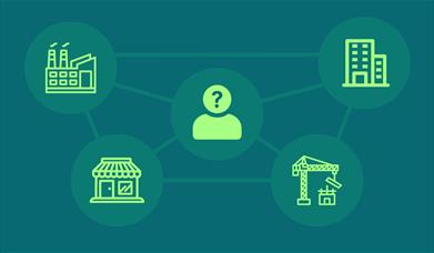 Graphic of a person surrounded by icons of a factory, office and shop.