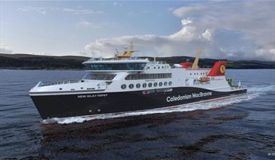 The new caladonian macbryne ferry to islay coming into port on a bright blue sea. The ferry is black, white with red livery.