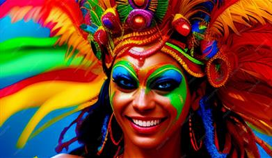 A woman wearing a carnival outfit and bright face paint.