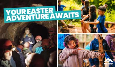 A promotional image for Mendip Activity Centre featuring children and an instructor engaging in outdoor adventure activities, including caving, axe th