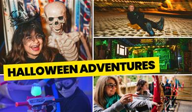 A collage of halloween themed images with Halloween Adventures written in black in a yellow text box over the top
