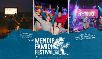 Promotional image for the Mendip Family Festival in August 2025, including a family in an outdoor cinema, a family waving, and a band performing on st