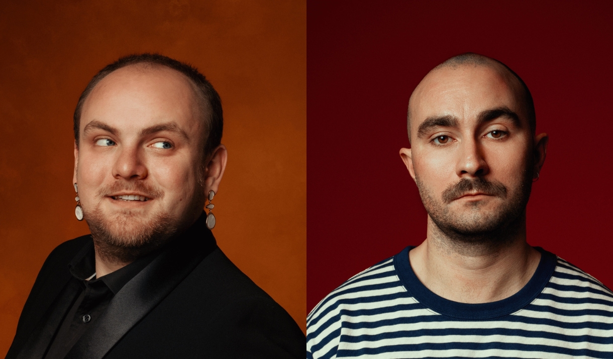Two portraits side by side: a man in a black blazer with a playful expression against an orange background, and a man in a striped top with a moustach