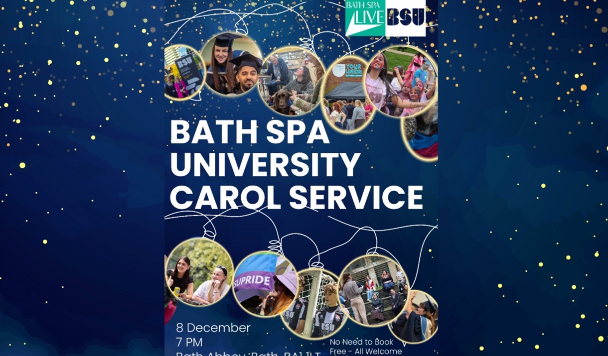 Poster for Bath Spa University Carol Service, showing students enjoying activities at university