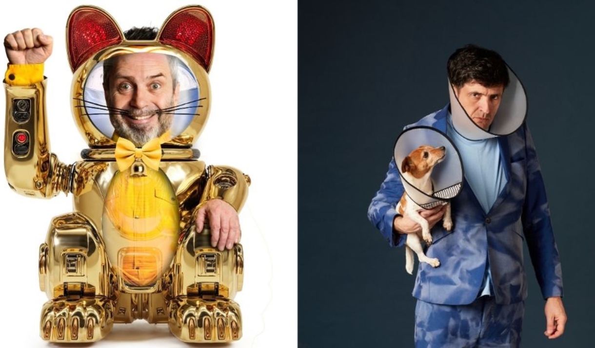 Two comedic images: a man's face inside a giant gold lucky cat robot, and a man in a blue camo suit holding a small dog - both wearing matching plasti