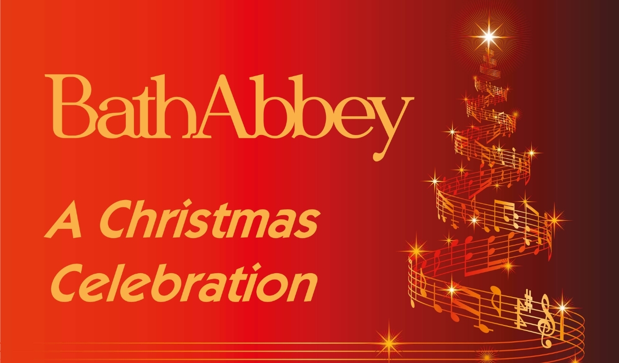 Red background with gold Christmas tree and gold text 'A Christmas Celebration'