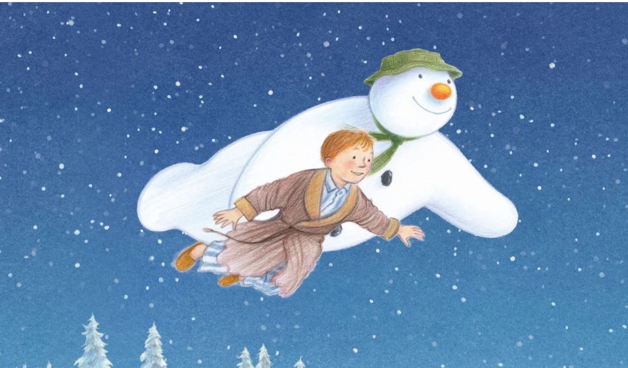 Illustration of a snowman flying with a boy