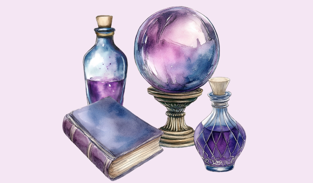 Illustrations of a purple crystal ball, spell book and potion bottles