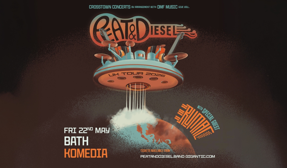 Gig poster for Peat & Diesel UK Tour 2026, featuring a futuristic spaceship guitar design and Komedia Bath date.