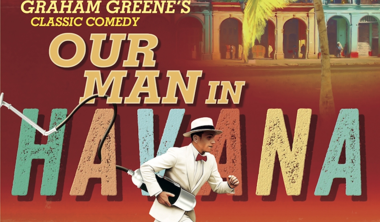 A painting of a man running away with a Cuban background, in 1950's attire.