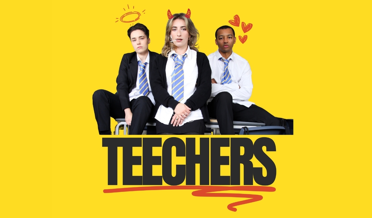 Three high school students are displayed in front of a yellow background - one has a scribbled halo above their head, the other devil horns, and the o