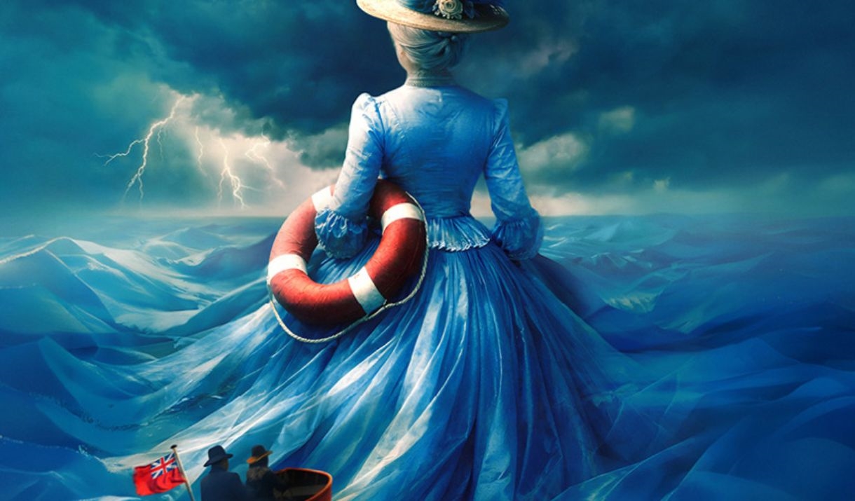 A woman, the size of as ship, morphs into the sea, with a small boat behind her.