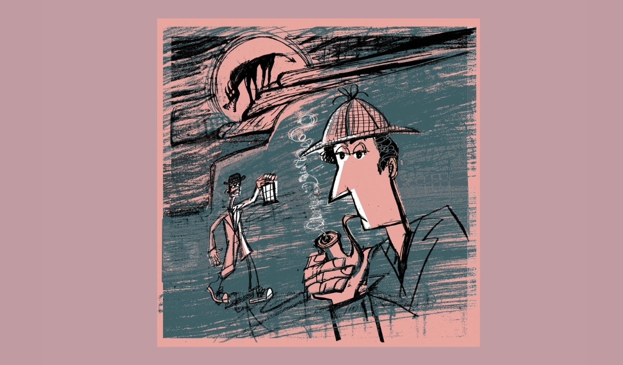 line drawing  of Sherlock Holmes smoking a pipe