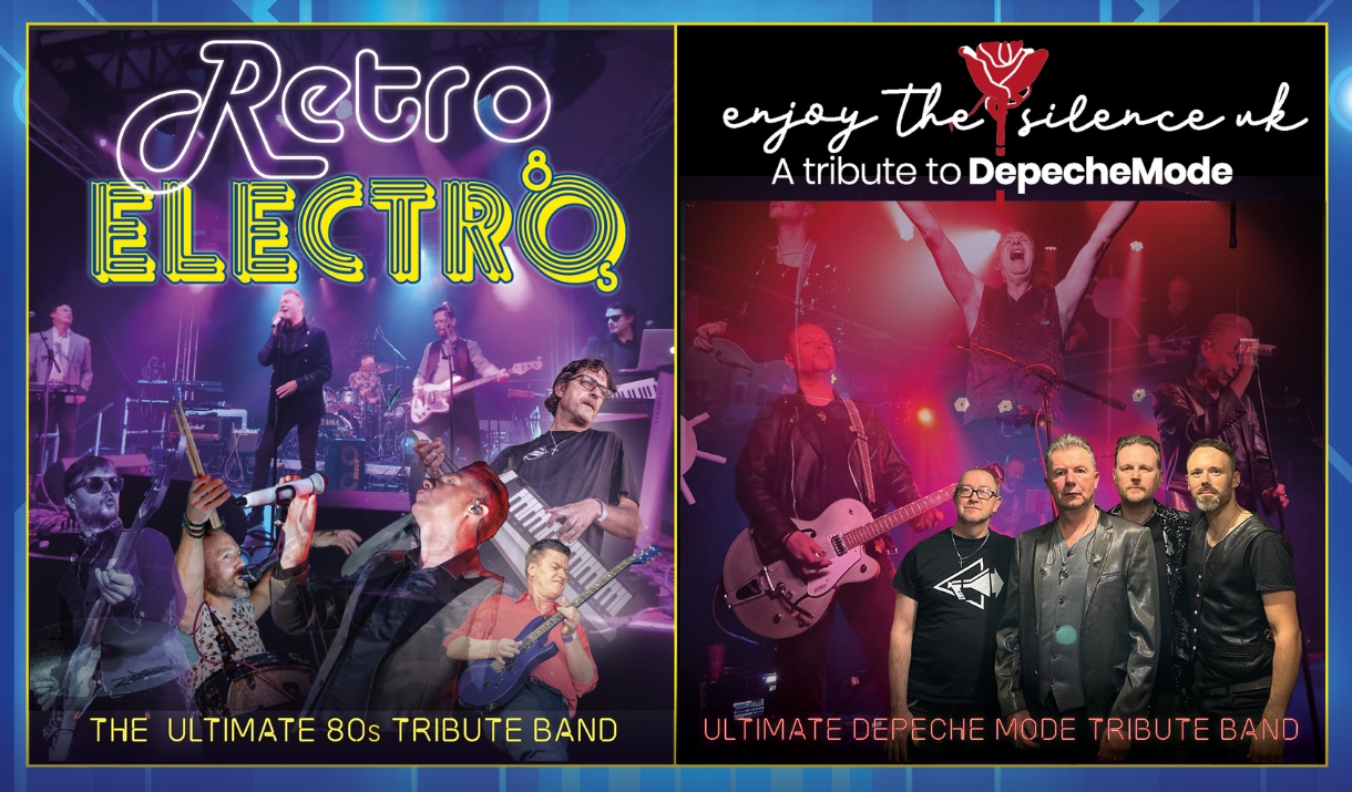 Split poster showing two live tribute bands on stage: Retro Electro on the left and Enjoy The Silence UK on the right, with bold neon-style text and c