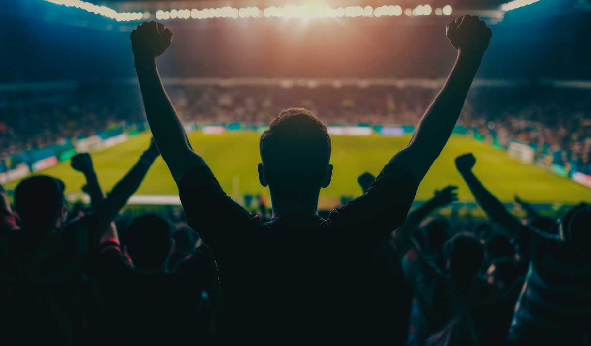 Silhouette football fans celebrating in a stadium, arms raised, with a floodlit pitch in the background.