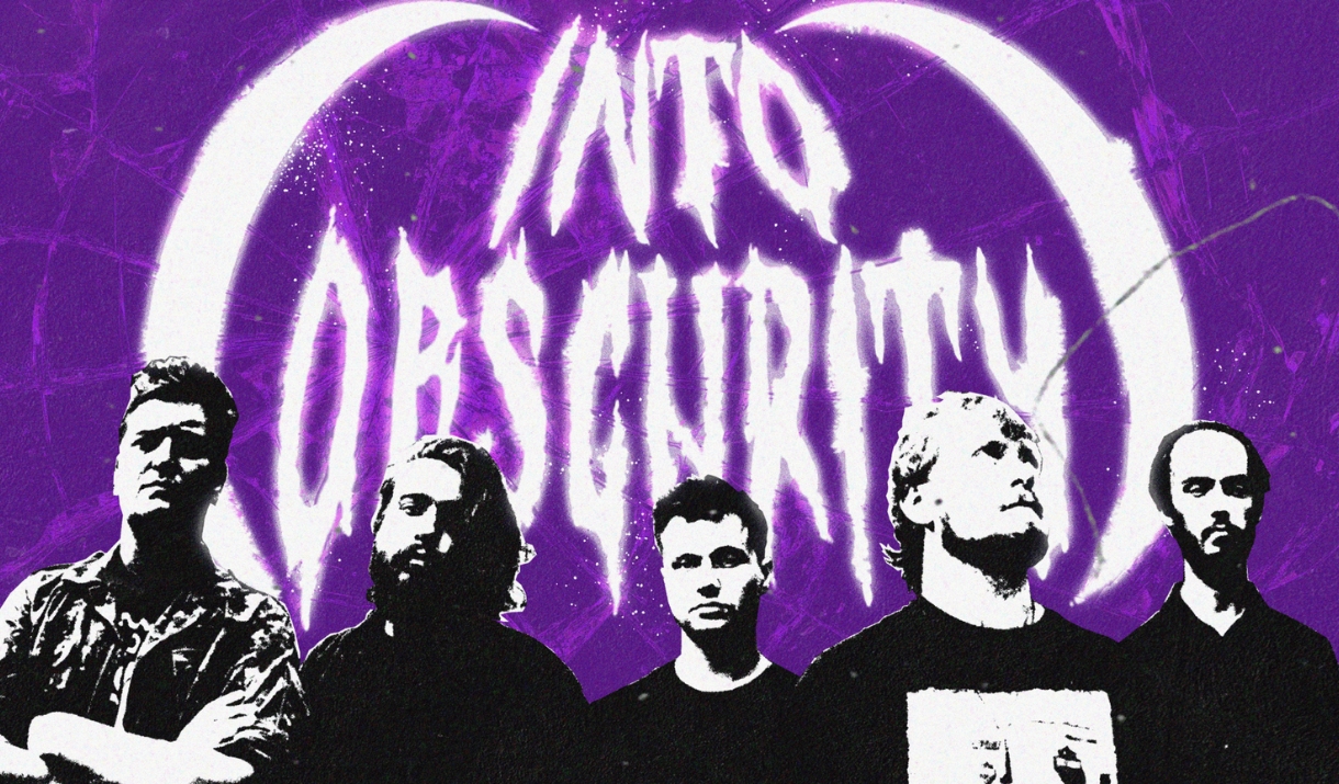 Five-piece band portrait with purple background and "Into Obscurity" logo.